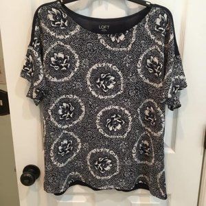 White and Navy Floral Print Blouse